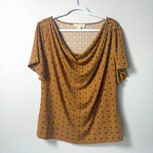Michael Kors Top Womens XL Yellow Gold Medallion Cowl Neck Pullover Short Sleeve